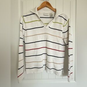 Liz Claiborne Cream Multi-Color Striped V-Neck Collared Knit Sweater Top Y2K S